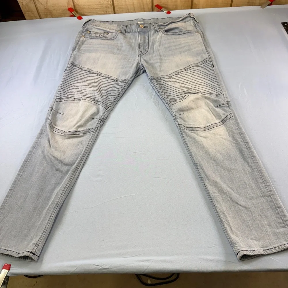 True Religion Rocco Relaxed Skinny Moto Jeans Mens 42 Light Wash Blue 102683